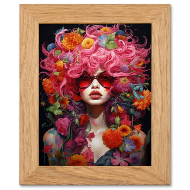 Flowerpunk Woman Pink Hair Flowers Vibrant Art Oak Wood Framed Wall Print