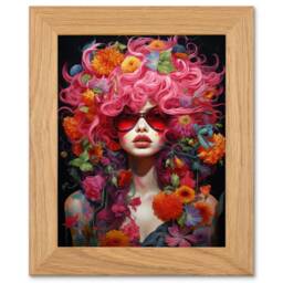 Flowerpunk Woman Pink Hair Flowers Vibrant Art Oak Wood Framed Wall Print