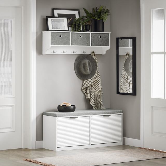 SoBuy Hallway Shoe Bench with 2 Flip-Drawers and Seat Cushion, White/Gray, 41.3x13.8x18.9 in, 18 kg - FSR147-W
