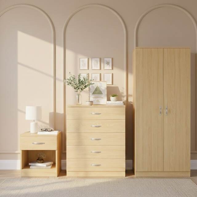 Vida Designs Riano 3 Piece Bedroom Set (1 Drawer Bedside Chest, 5 Drawer Chest, 2 Door Wardrobe) - Pine