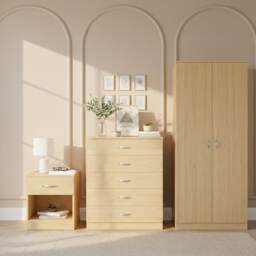 Vida Designs Riano 3 Piece Bedroom Set (1 Drawer Bedside Chest, 5 Drawer Chest, 2 Door Wardrobe) - Pine