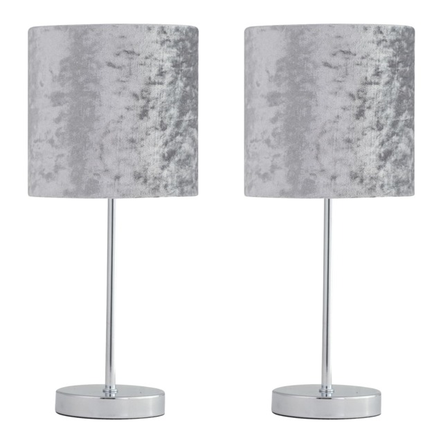 Set of 2 Chrome Touch Table Lamp with Grey Crushed Velvet Shades Chrome Polished chrome plate and grey velvet 2