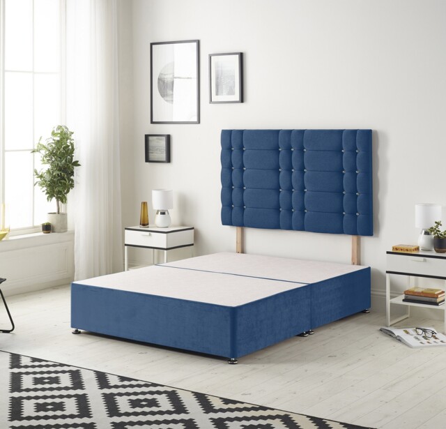Astoria Divan Bed Base with 30 Inch Diamonte Button Headboard Plush Velvet Blue Navy Double