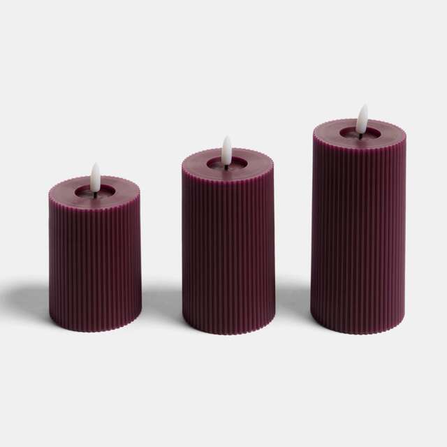 OHS Set of 3 Ribbed Flameless LED Candles Decorative Lights Party Home Red Burgundy