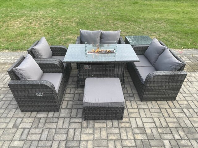 Fimous 7 Seater Rattan Garden Furniture Set Propane Gas Fire Pit Table and Sofa Chair set with Big Footstool Side Table