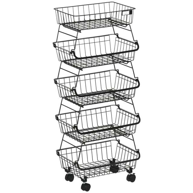 HOMCOM 5 Tier Storage Trolley Cart Vegetable Rack with Wheels for Kitchen Black Black 40 x 28 x 97 cm