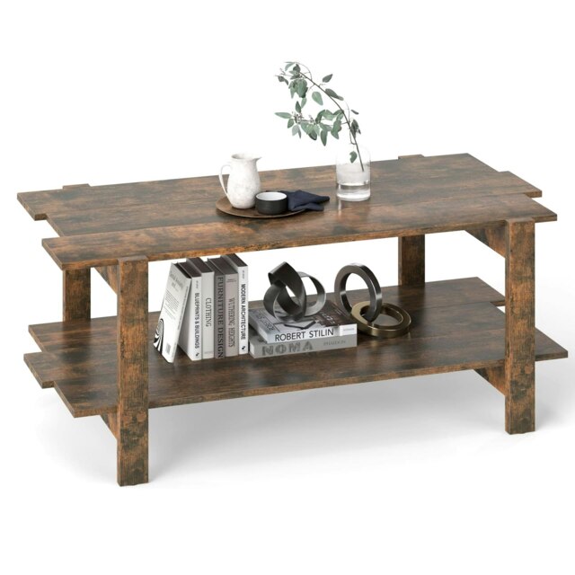 COSTWAY 2-Tier Coffee Table Slatted Wood Center Table Walnut Brown