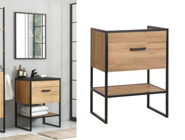 Freestanding Bathroom 600mm Vanity Unit Floor Sink Cabinet with Drawer Black Steel Frame Oak Wooden Finish Loft Industrial Brook