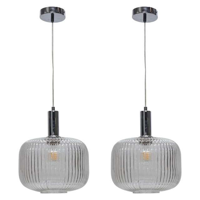 Set of 2 Batley Large - Clear Ribbed Glass Chrome Deco Pendants