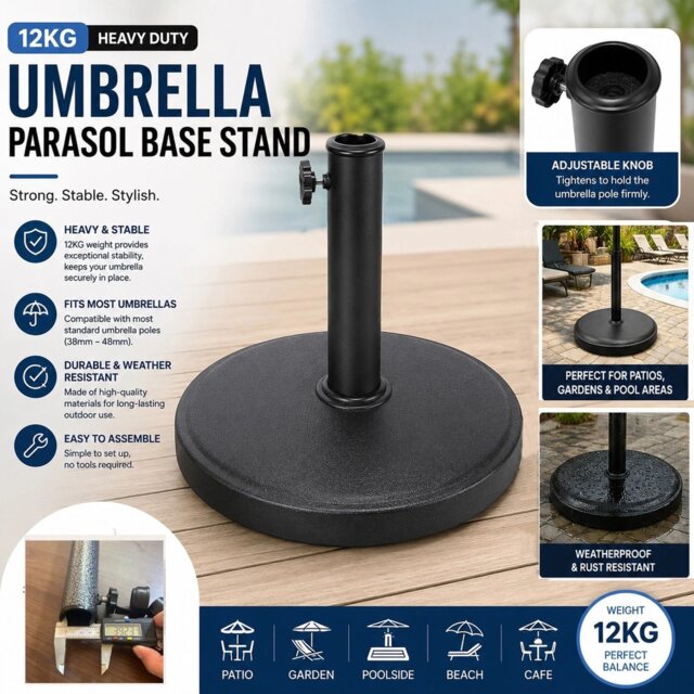 12KG Umbrella Parasol Base Heavy Duty Round Cast Iron Effect Metal Weather Resistant Outdoor Garden Patio Canopy Furniture Stand