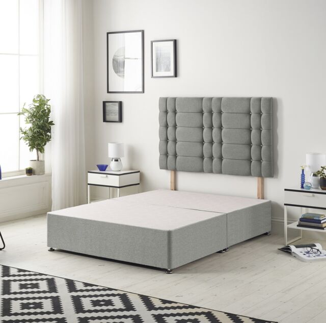 Astoria Divan Bed Base with 30 Inch Diamonte Button Headboard Tweed Fabric Grey Grey Double