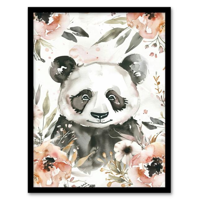 Sweet Panda Watercolour Portrait Wildflowers Black Framed Wall Art Print A4