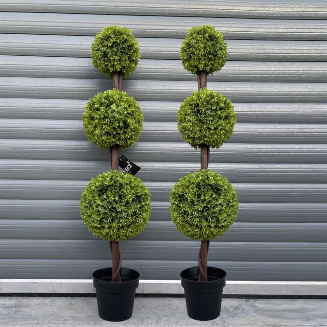 Artificial 120cm Pair of Green Triple Ball Topiary Trees Green 4ft
