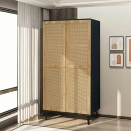 Manila Rattan 2 Door Double Wardrobe Black Black and PVC Rattan