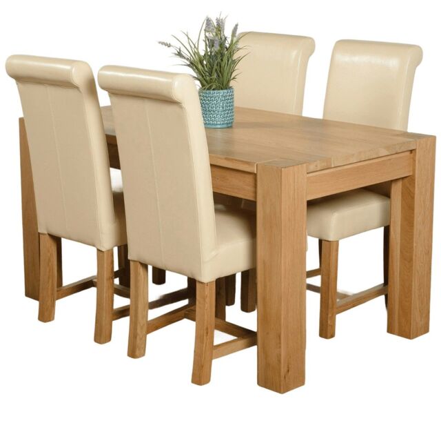 Kuba 150 x 85 cm Medium Oak Dining Table and 4 Washington Leather Chairs Cream Cream