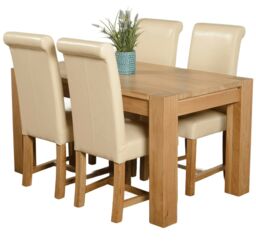 Kuba 150 x 85 cm Medium Oak Dining Table and 4 Washington Leather Chairs Cream Cream