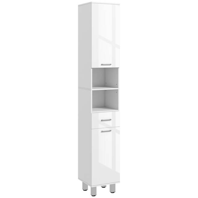 kleankin 71 Tall Slim Bathroom Storage Cabinet, Tall Narrow Cupboard with Drawer, Open Shelves, 2 Doors Cabinets and Adjustable Shelves for Kitchen, Hallway, Living Room, High Gloss White