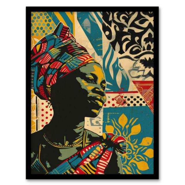 African Woman Headdress Colourful Black Framed Wall Art Print A4