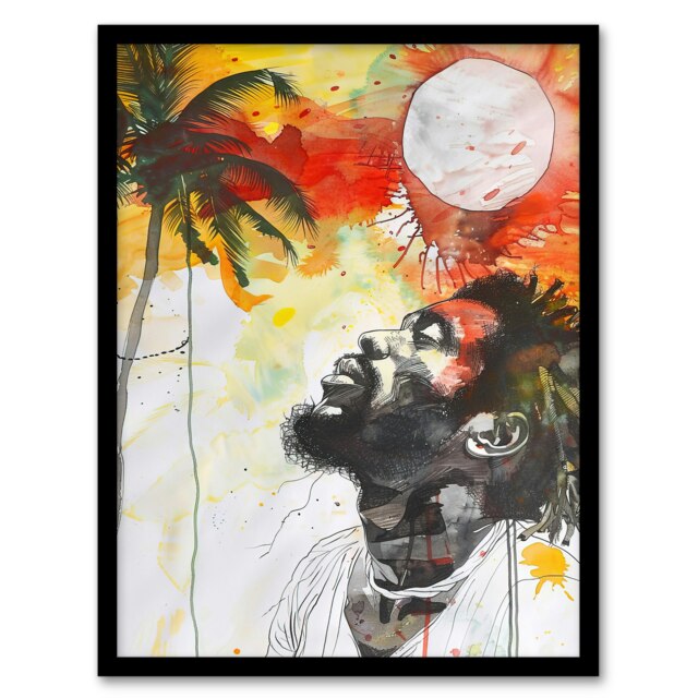 Jamaican Man Portrait Sunset Palm Tree Black Framed Wall Art Print A4