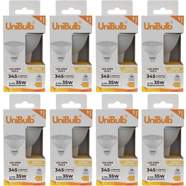 UniBulb LED MR16 GU5.3 345lm 3.4W (Replaces 35W) 3000K (Warm White) Spot Downlight Ceiling Light Bulb - Pack of 8 Clear Warm White MR16 8