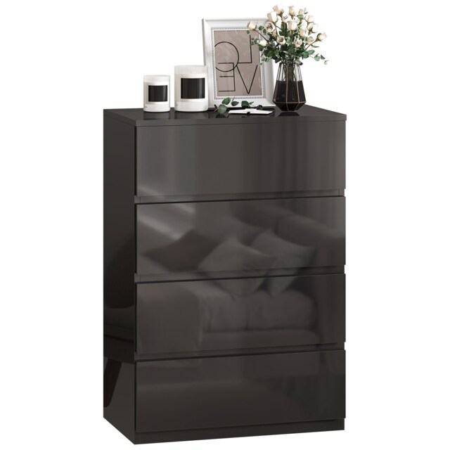 HOMCOM Bedroom Chest of Drawers, 4 Drawers Dresser, Drawer Unit, Black Black High gloss black 55W x 34D x 80H cm