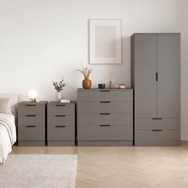 Vida Designs Trega 4 Piece Bedroom Set (3 Drawer Bedside Chest x2, 4 Drawer Chest, 2 Door 2 Drawer Wardrobe) Grey