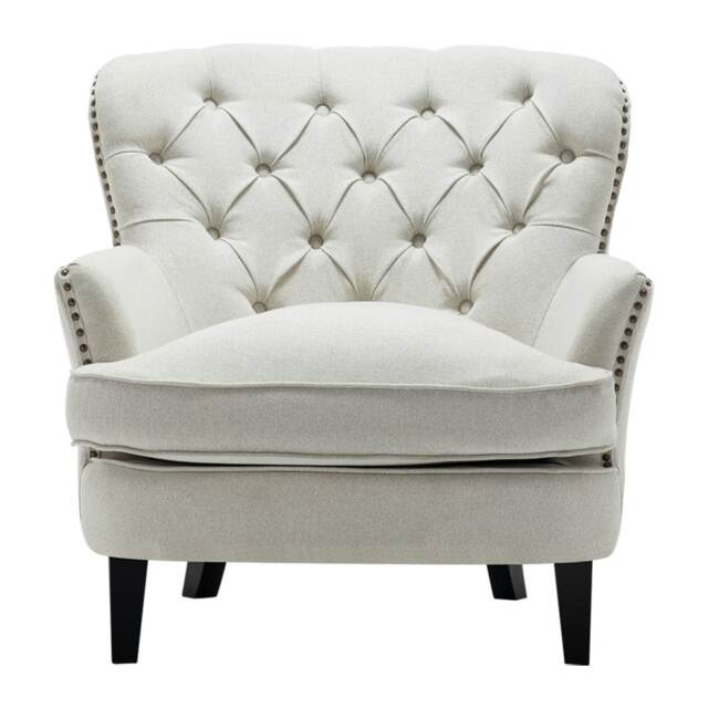 Living and Home Classic Buttoned Back Linen Armchair - Off White