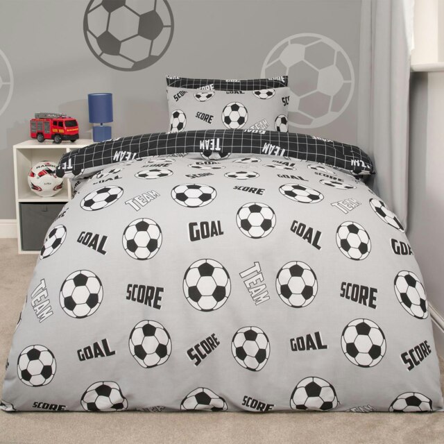 OHS Reversible Football Quilt Duvet And Pillowcase Bedding Set, Single - Grey