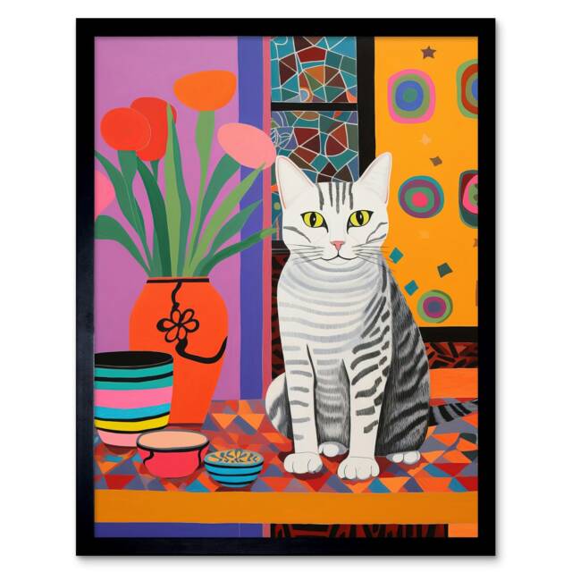 The Stripey Cat Sits Potted Flower Plant Henri Matisse Style Framed Wall Art Print