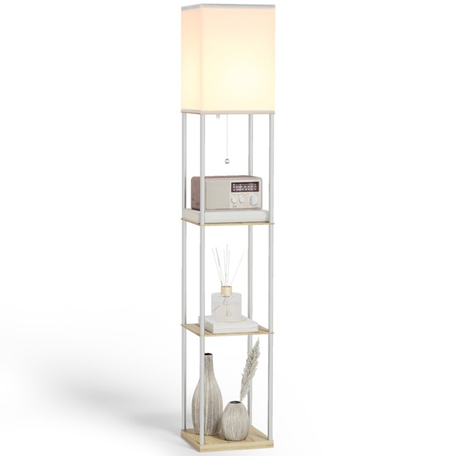 HOMCOM Modern Floor Lamp with Shelves, 3 Layer Shelf Tall Standing Lamp with Fabric Lampshade, Pull Chain Switch for Living Room, Bedroom, Bulb not Included, White