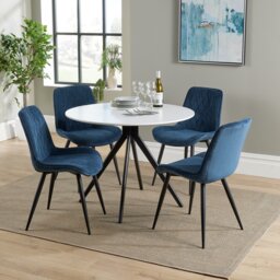 Aspen White 100cm Round Dining Table with 4 Diamond Stitch Upholstered Fabric Chairs - Modern Dining Set Blue Blue One Size 1