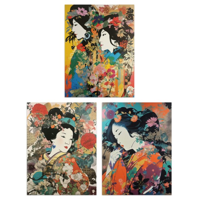 Set of 3 Japanese Geishas Floral Portraits Colourful Spring Flowers Wall Art Print A4