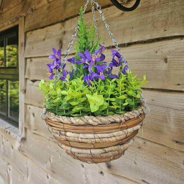 Best Artificial Purple Mini Daffodil Display in 10 inch Woven Decorative Hanging Basket