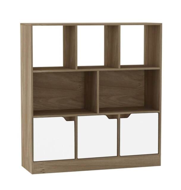 Asymmetrical 8 Cube Oak Freestanding Bookcase Shelf Storage Unit with 3 Doors White Plain Doors - White 1