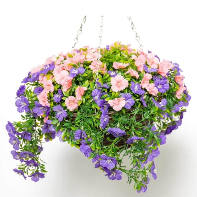 Large Artificial Petunia Flowers Rattan Hanging Basket Decoration Purple & Pink 30cm