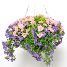 Large Artificial Petunia Flowers Rattan Hanging Basket Decoration Purple & Pink 30cm