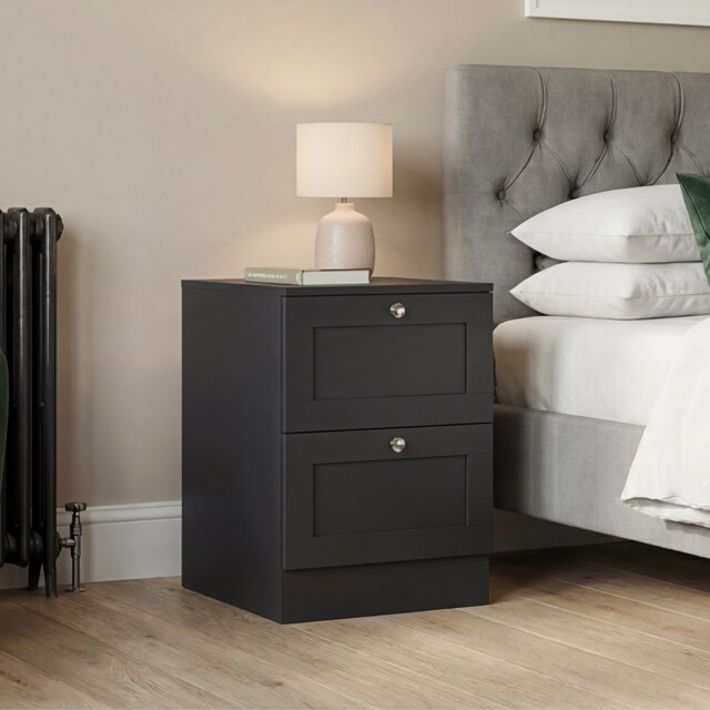 Vida Designs Altino 2 Drawer Black Bedside Chest Cabinet - H: 53cm x W: 40cm x D: 36cm