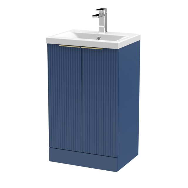 Balterley Fluted Front Floor Standing 2 Soft Close Door Bathroom Vanity Unit with 1 Tap Hole Basin, Handles Blue Satin Blue