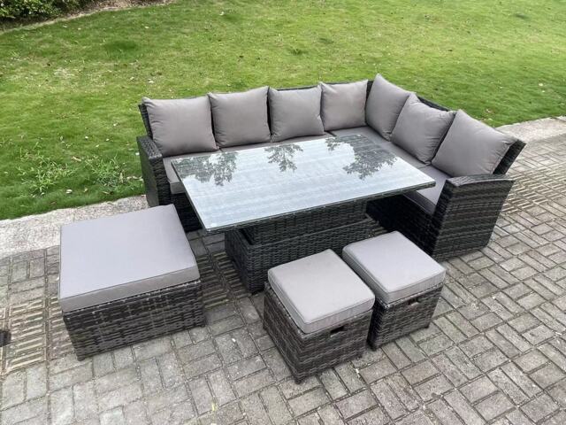 Fimous 9 Seater High Back Outdoor Rattan Adjustable Rising Lifting Dining Table Corner Sofa Set Garden Furniture Footstools Dark Grey Mixed Right Hand