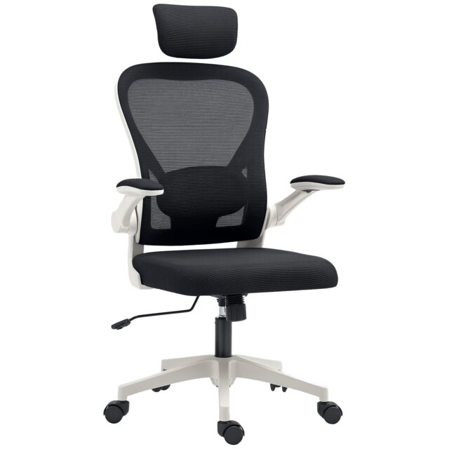 HOMCOM Executive Office Chair, Ergonomic Mesh High Back Desk Chair with Flip-up Armrest, Rotatable Headrest, Adjustable Lumbar Support for Home Study, Black