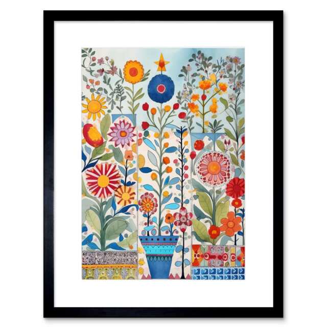 "Garden Flowers Folk Art Watercolour Painting 9x7"" Black Framed Wall Art Print"