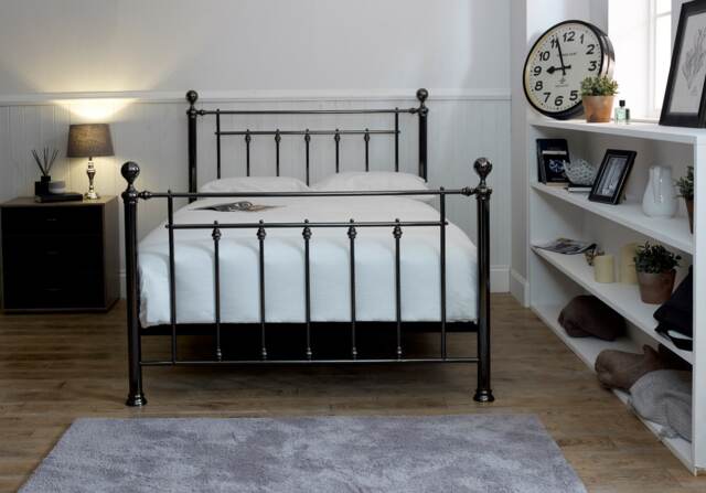 4ft6 Double Black chrome nickel, crystal ball finish traditional metal bed frame bedstead, antique, Victorian style