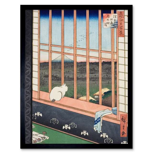 Hiroshige Asakusa Fields 100 Views Edo Cat Japanese Framed Wall Art Print