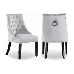 Set of 2 Velvet Dining Chairs Ergonomic Scoop Knockerback & Button Tufted Wood Legs Grey Light Grey
