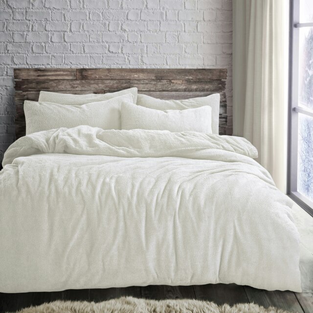 Velosso Plain Teddy Fluffy and Warm Fleece Duvet Cover Set Cream Cream Single