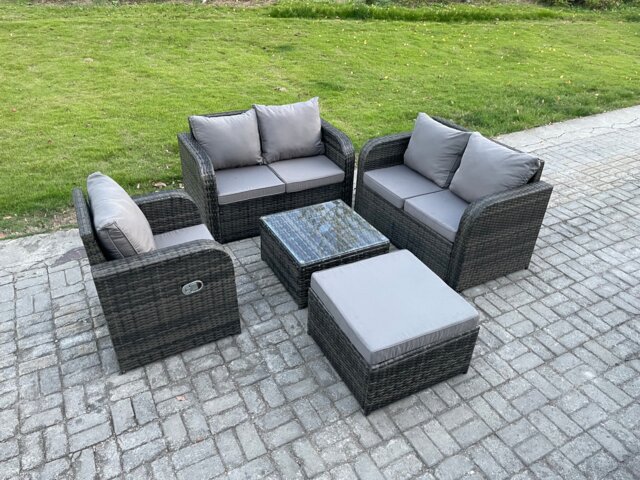 Fimous 5 Piece Garden Furniture Sets 6 Seater Outdoor Patio Furniture Set Weaving Wicker Rattan Sofa Chair and Table with Big Footstool