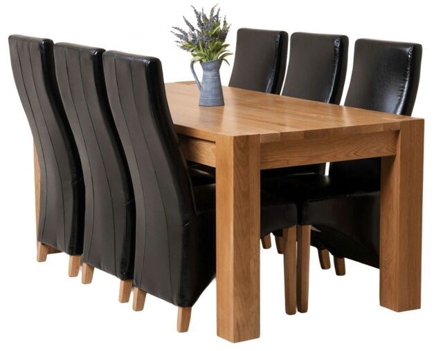 Kuba 180 x 90 cm Chunky Oak Dining Table and 6 Lola Leather Chairs Black Black