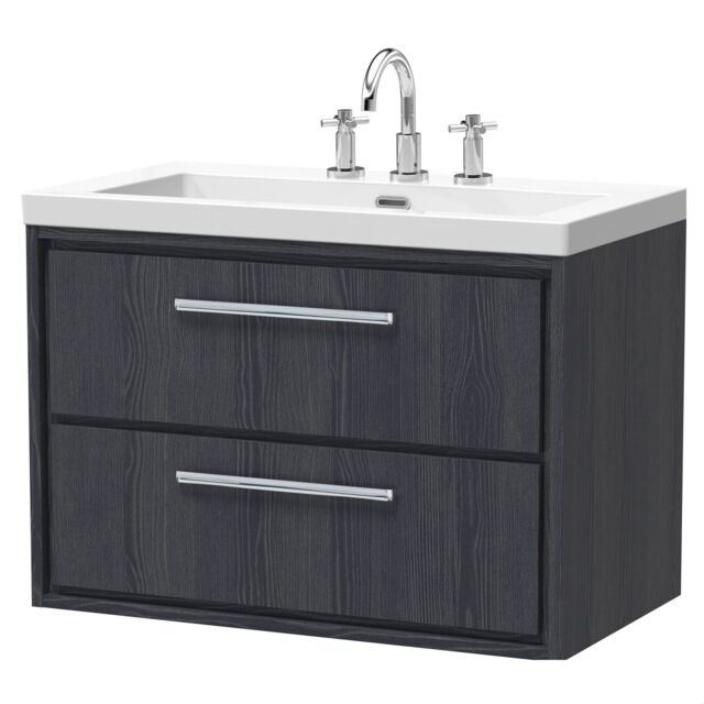 Balterley Longnor 2 Drawer Wall Hung Vanity Unit with 3 Tap Hole Modern Fireclay Basin, Woodgrain Graphite Grey, 800mm