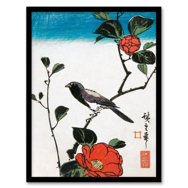 Utagawa Hiroshige Framed Wall Art Japanese Bird On Camellia Branch Home Décor