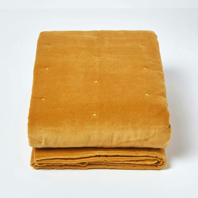 Homescapes Mustard Velvet Quilted Throw - 125 x 150 cm Yellow 1